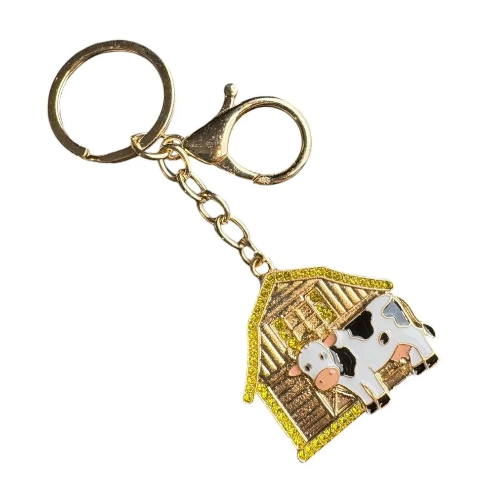Women's Gold Tone Cow Barn Key Chain Yellow Rhinestone Charm 4